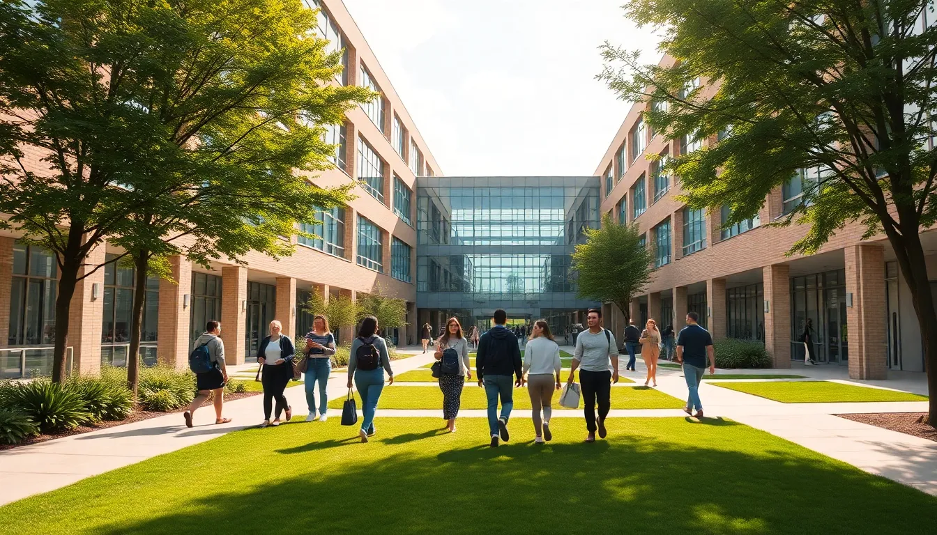 University campus with students