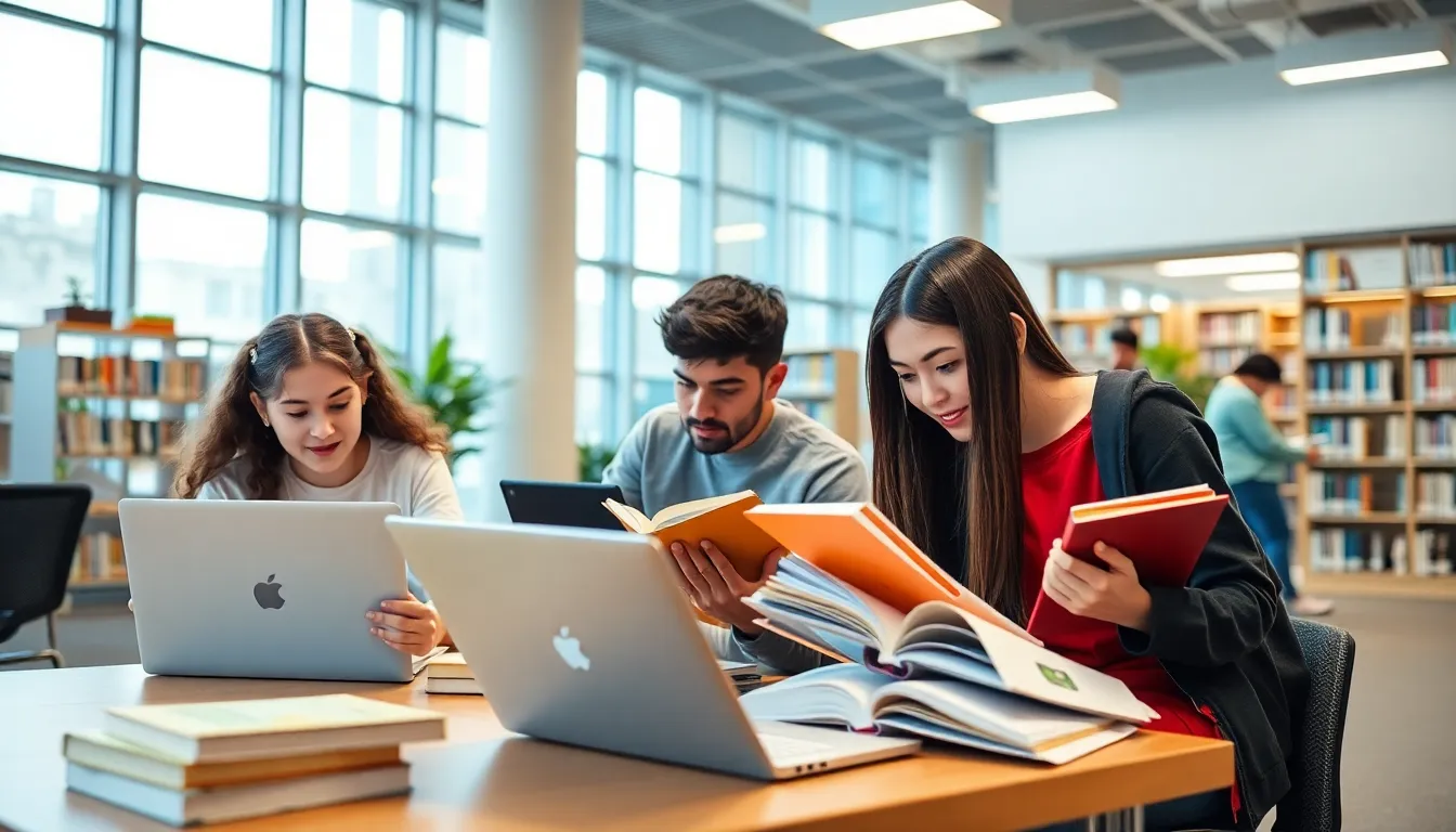 Students studying with technology in library